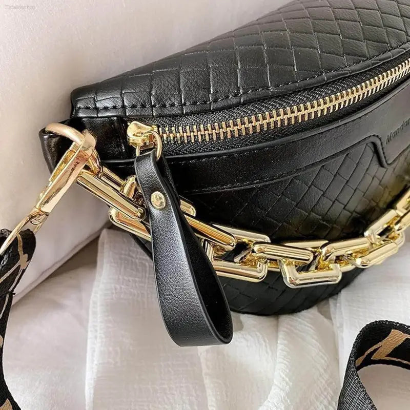 Luxury Plaid Leather Thick Chain Fanny Pack for Women - Versatile Waist, Shoulder, and Crossbody Bag in Black - Estalios