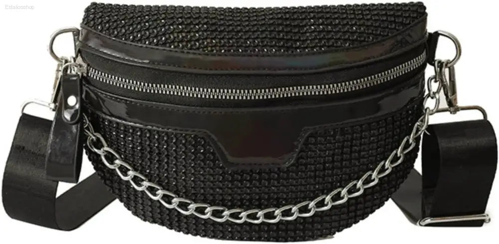 Luxury Plaid Leather Thick Chain Fanny Pack for Women - Versatile Waist, Shoulder, and Crossbody Bag in Black - Estalios