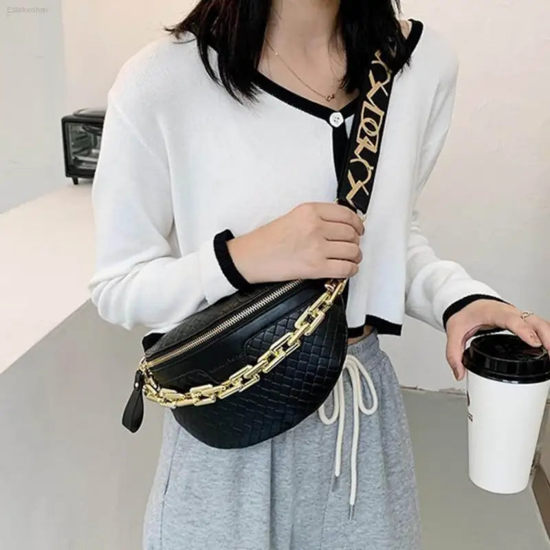 Luxury Plaid Leather Thick Chain Fanny Pack for Women - Versatile Waist, Shoulder, and Crossbody Bag in Black - Estalios