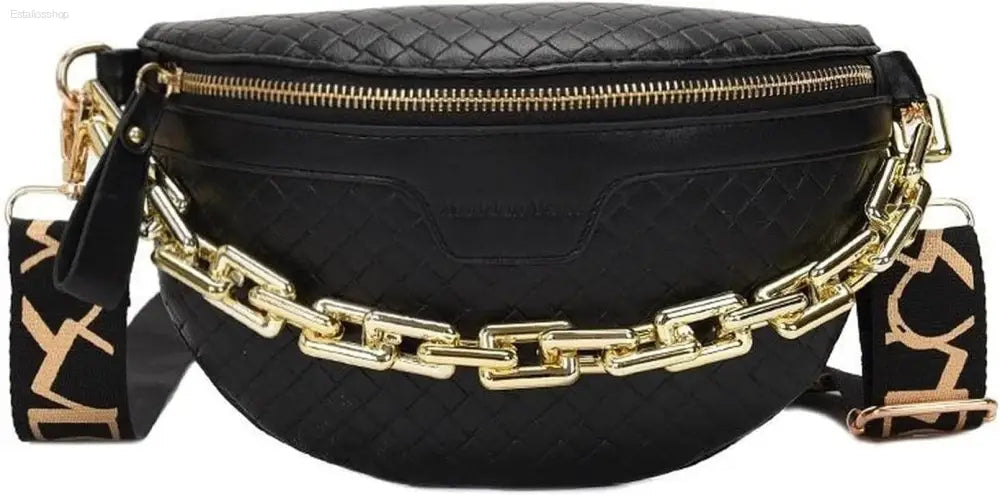 Luxury Plaid Leather Thick Chain Fanny Pack for Women - Versatile Waist, Shoulder, and Crossbody Bag in Black - Estalios