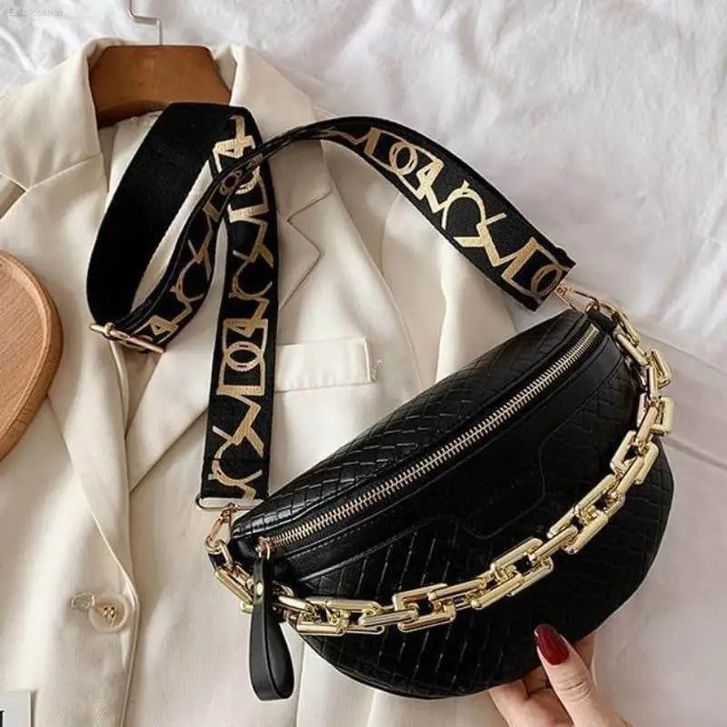 Luxury Plaid Leather Thick Chain Fanny Pack for Women - Versatile Waist, Shoulder, and Crossbody Bag in Black - Estalios