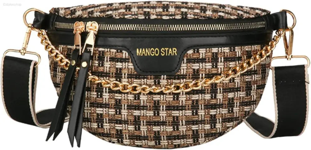 Luxury Plaid Leather Thick Chain Fanny Pack for Women - Versatile Waist, Shoulder, and Crossbody Bag in Black - Estalios