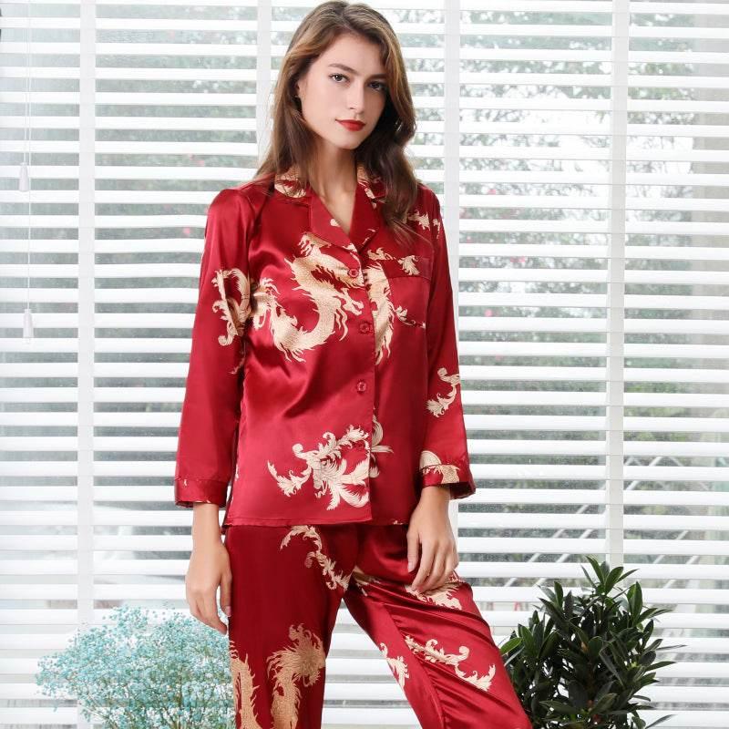 Luxury Simulated Silk Couple Sleepwear Set with Dragon Design - Estalios