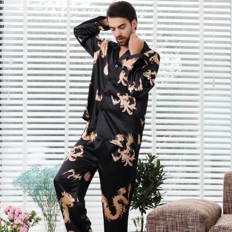 Luxury Simulated Silk Couple Sleepwear Set with Dragon Design - Estalios