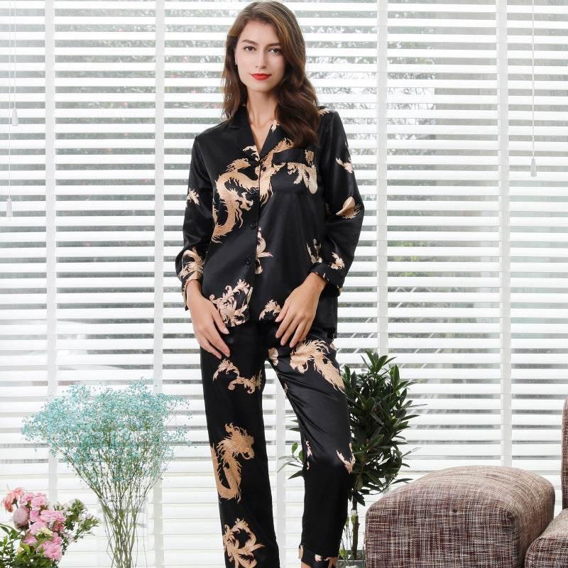 Luxury Simulated Silk Couple Sleepwear Set with Dragon Design - Estalios