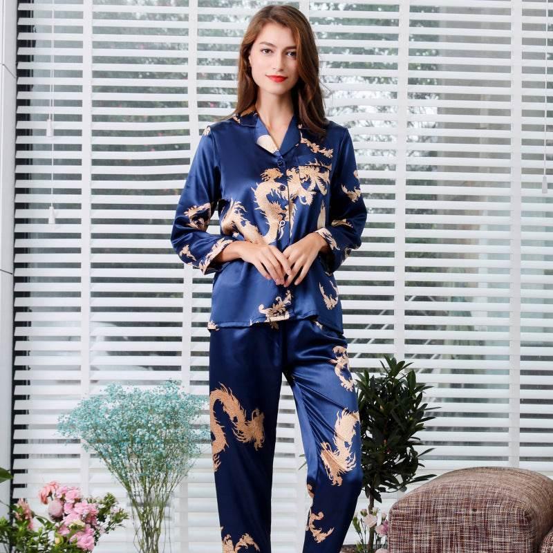 Luxury Simulated Silk Couple Sleepwear Set with Dragon Design - Estalios