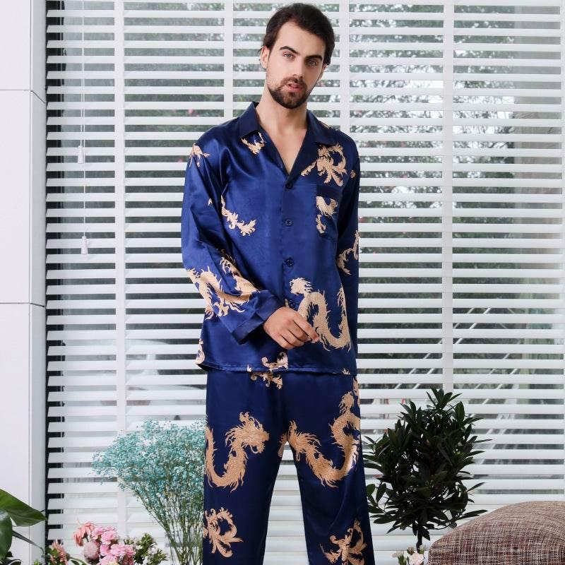 Luxury Simulated Silk Couple Sleepwear Set with Dragon Design - Estalios