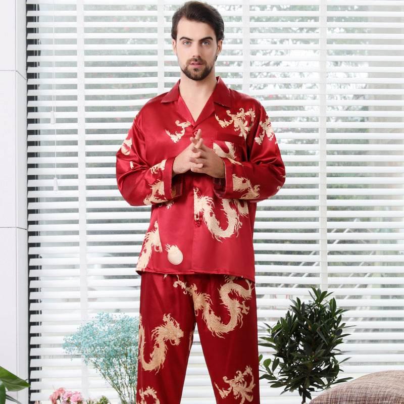Luxury Simulated Silk Couple Sleepwear Set with Dragon Design - Estalios