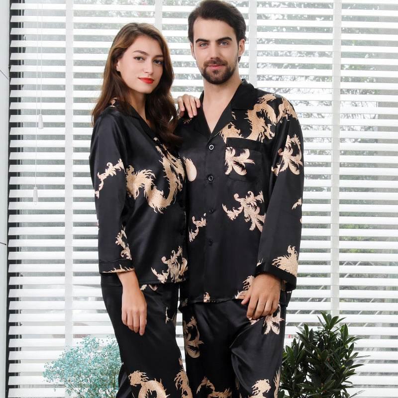 Luxury Simulated Silk Couple Sleepwear Set with Dragon Design - Estalios