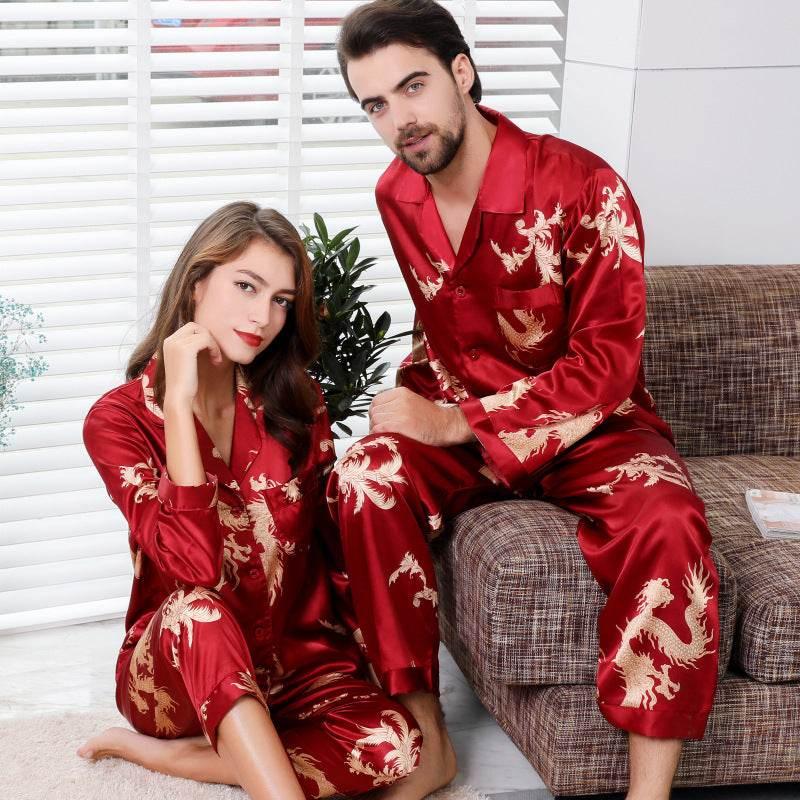 Luxury Simulated Silk Couple Sleepwear Set with Dragon Design - Estalios