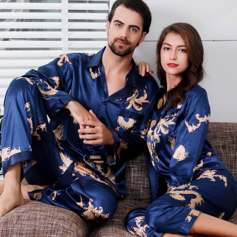 Luxury Simulated Silk Couple Sleepwear Set with Dragon Design - Estalios