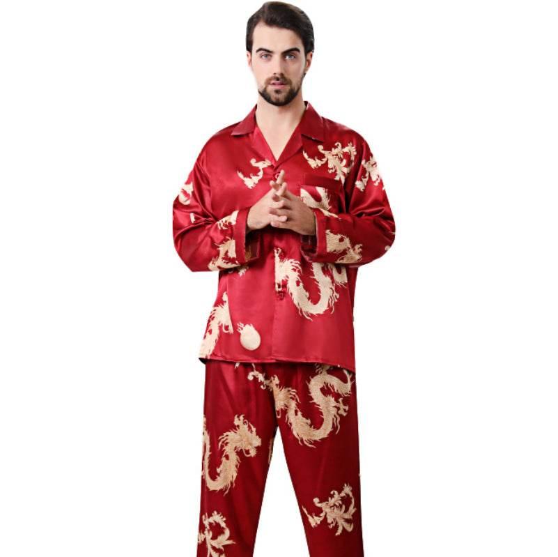 Luxury Simulated Silk Couple Sleepwear Set with Dragon Design - Estalios