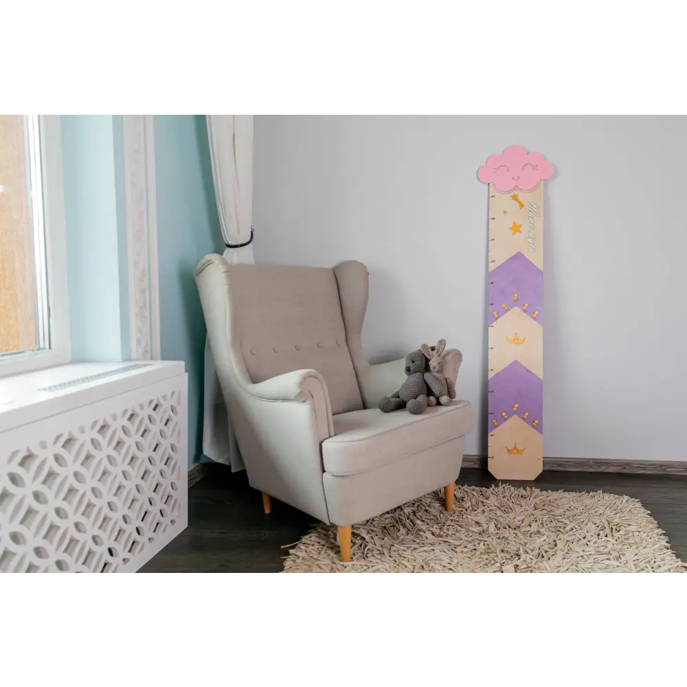 Wingback armchair with stuffed animals in Magical Lilac Growth Chart & Kids Furniture