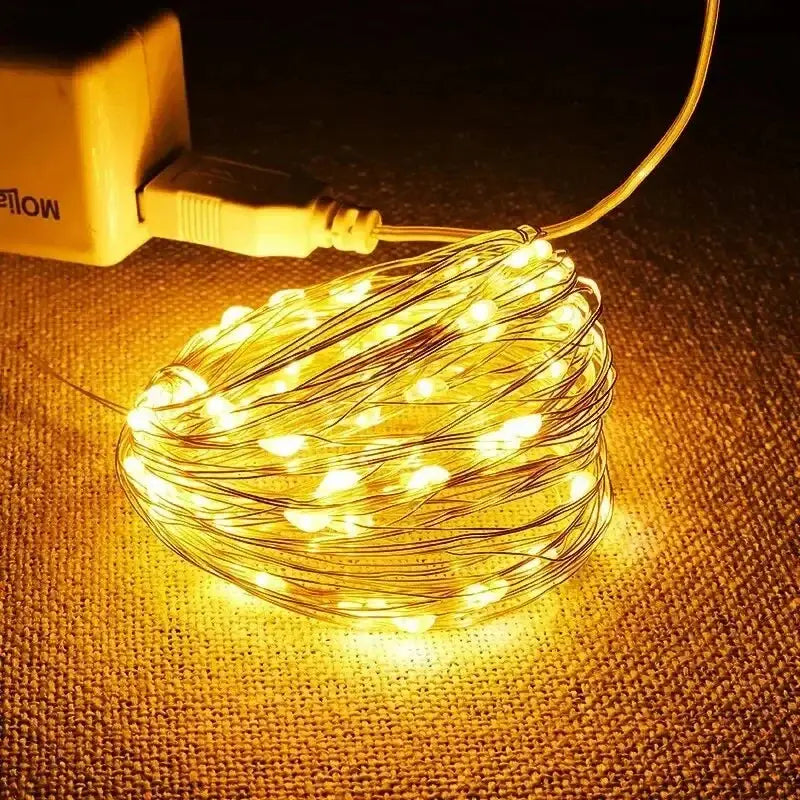 Coiled warm white USB LED string in Magical USB LED Fairy Light Cloches on silver wire garland