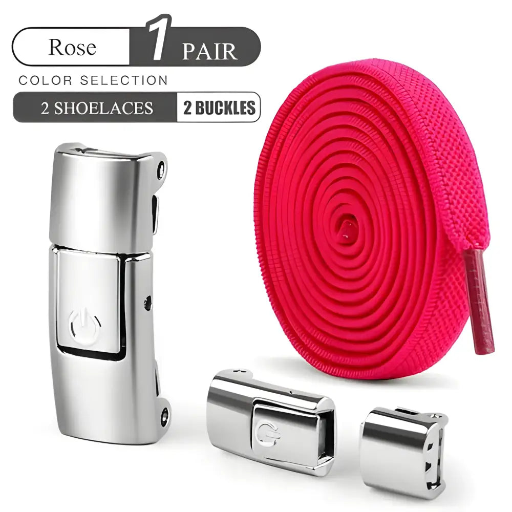 Rose-colored press lock shoelaces with magnetic buckles for easy shoe styling