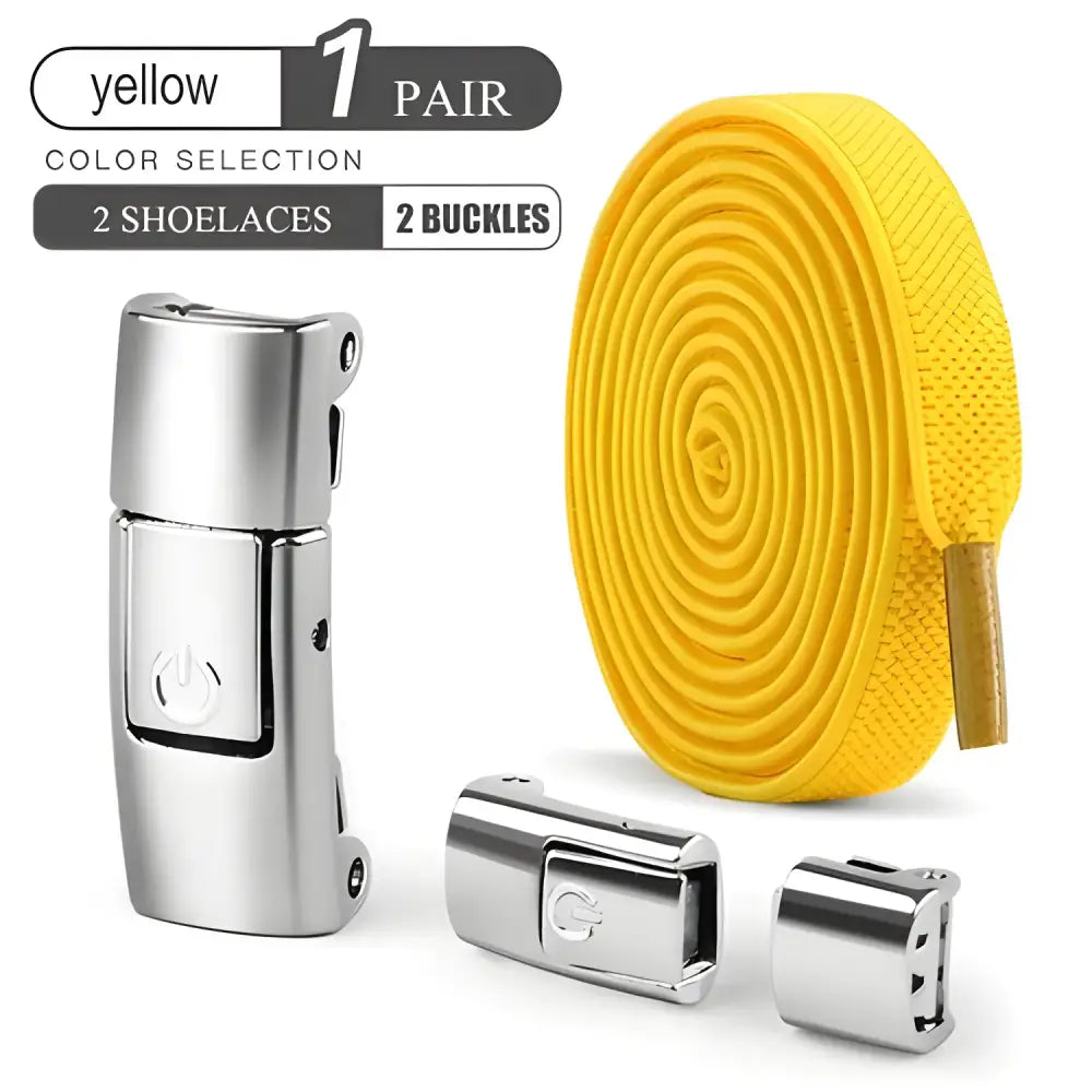 Yellow press lock shoelaces with magnetic buckles for hassle-free shoe styling