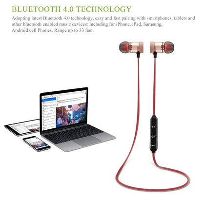 Red and gold Bluetooth earbuds with ergonomic design, perfect headset sports earphones