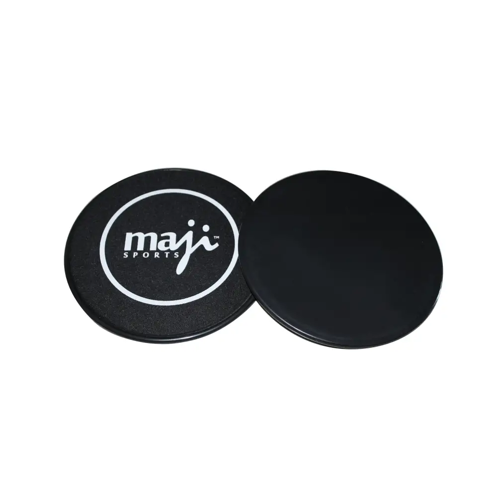 Two black Maji Sports sliding core discs for effective sliding core exercise workouts