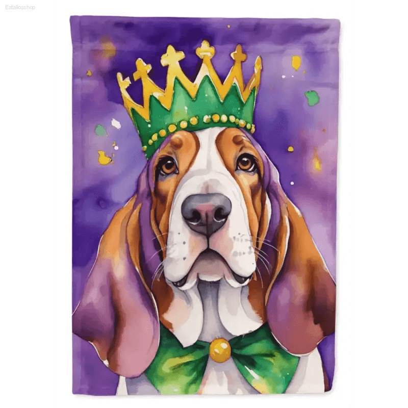 Mardi Gras Basset Hound Flag: Let the Good Times Roll! Celebrate Mardi Gras with this Adorable Dog Flag! Featuring a Watercolor Basset Hound Sporting - Estalios