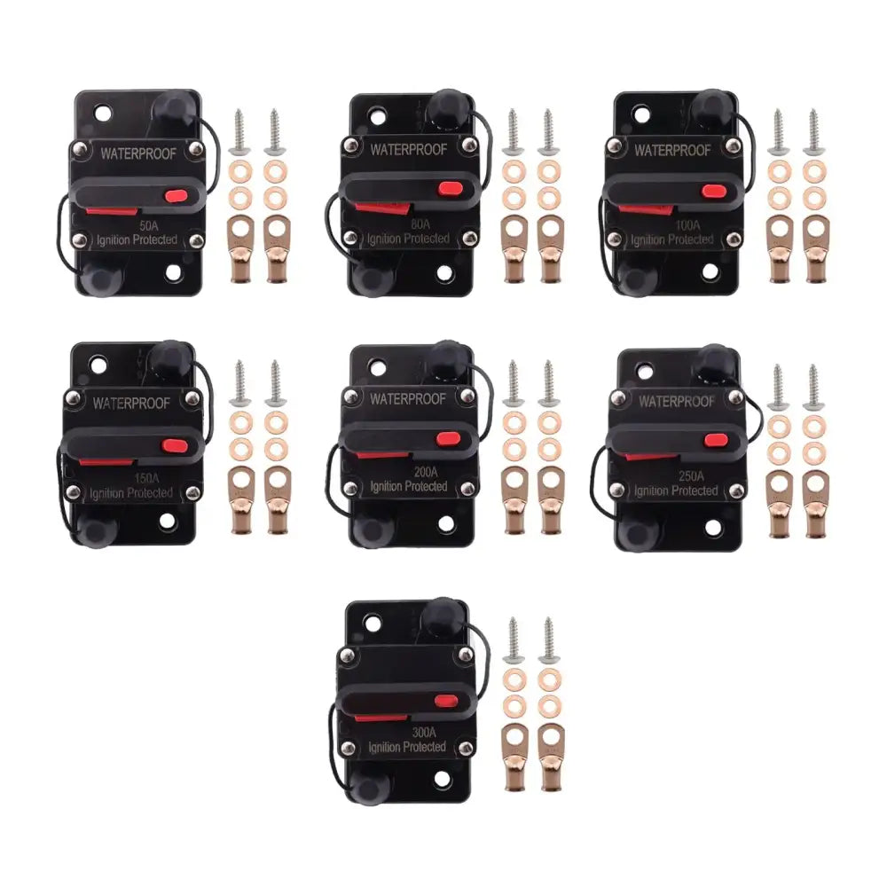 Marine circuit breaker assortment with mounting hardware for ignition protected setups