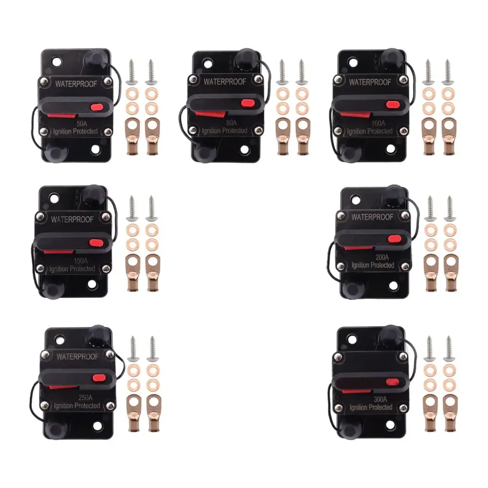 Black waterproof marine circuit breakers with mounting hardware for ignition protection