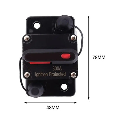 Black Marine Circuit Breaker with dimensions, ignition protected for 12V-48V DC use