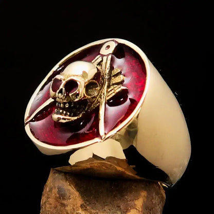 Gold Masonic Skull Ring with Red Enamel, a bold crafted men’s accessory