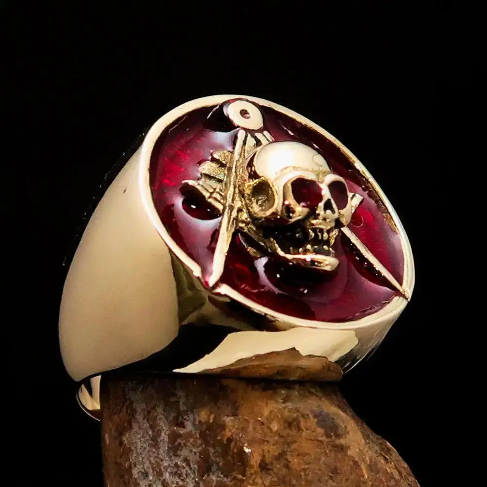 Gold Masonic Skull Ring with red enamel, perfect for stylish men who love unique jewelry