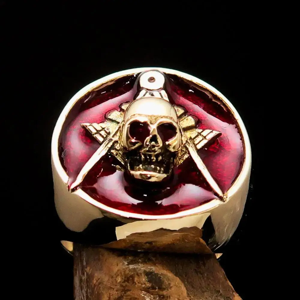 Gold Masonic Skull Ring with Crossbones and Red Accent, perfect for bold style