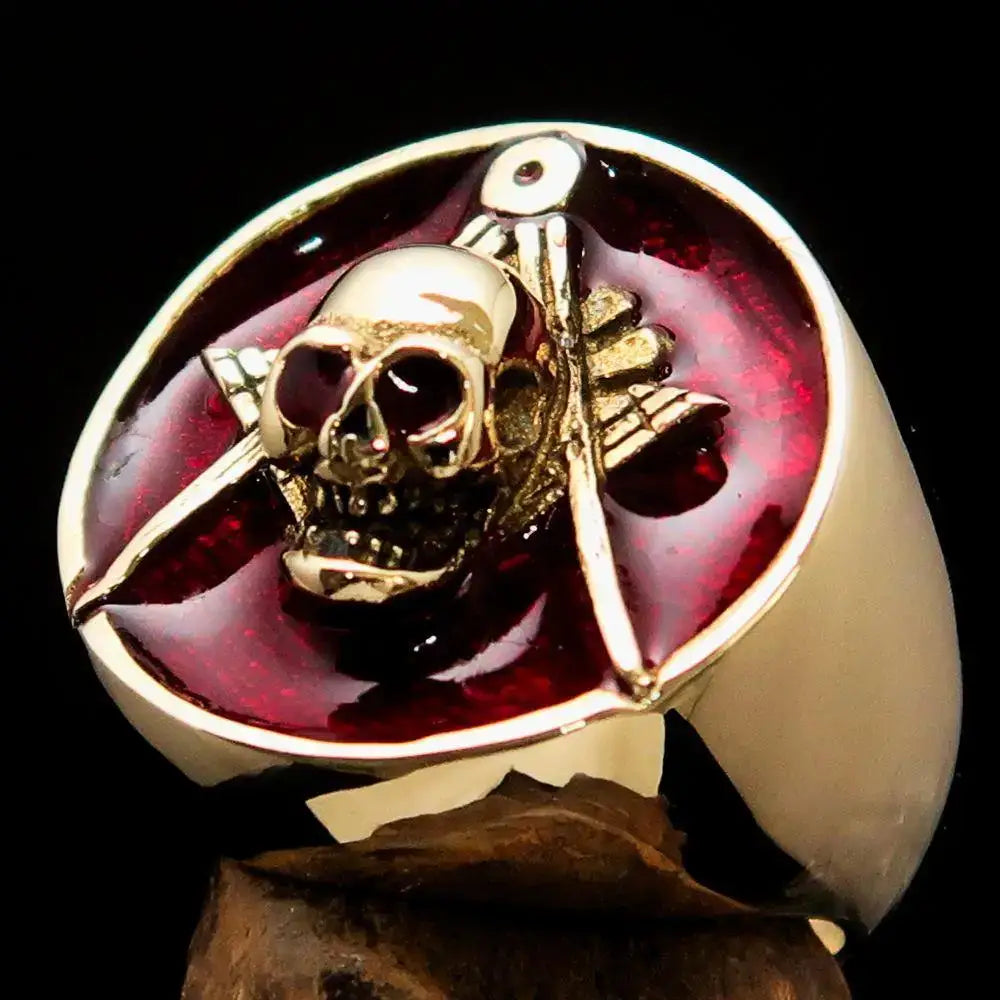 Masonic Skull Ring in Gold with Red Enamel, perfect for edgy style lovers