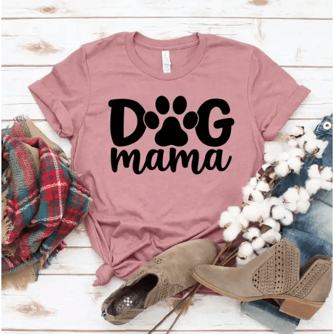 Mauve Dog Mama T-shirt with Size Chart for Perfect Fit - Estalios