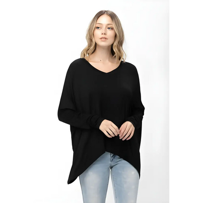 Black V-neck sweater with long sleeves perfect for layering over a Dolman Sleeve Oversized Knit Tunic Blouse