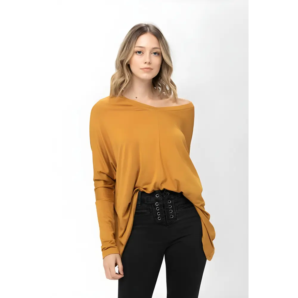 Mustard-colored long-sleeved Knit Tunic Blouse with dolman sleeve oversized design