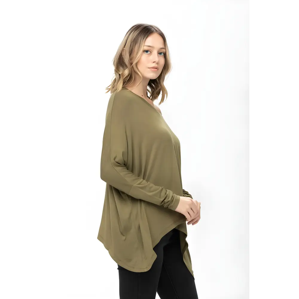 Olive green long-sleeved knit tunic blouse with dolman sleeves for a cozy look