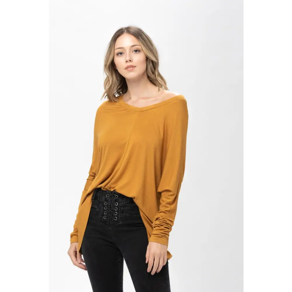 Mustard-colored Dolman Sleeve Oversized Knit Tunic Blouse perfect for casual outfits