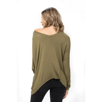 Olive green long-sleeved top perfect for the Mauve Dolman Sleeve Oversized Knit Tunic Blouse