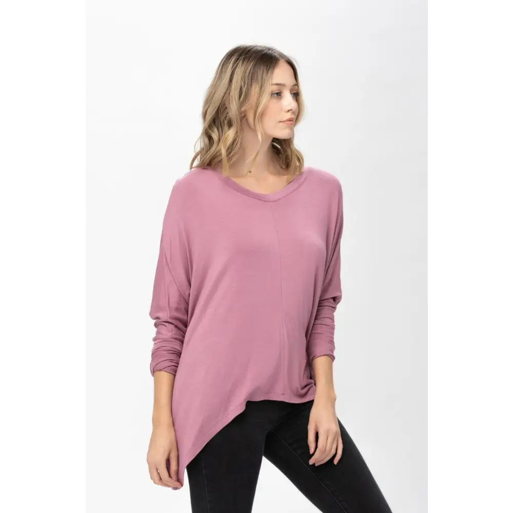 Mauve Dolman Sleeve Oversized Knit Tunic Blouse in a chic, asymmetrical design