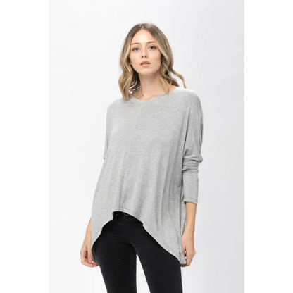 Gray long-sleeved asymmetrical knit tunic blouse with dolman sleeve oversized style