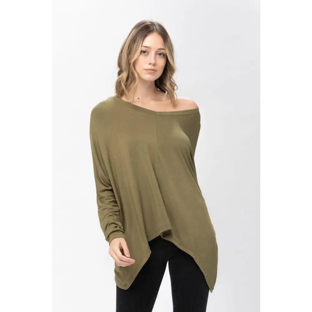 Olive green dolman sleeve oversized knit tunic blouse perfect for casual styling