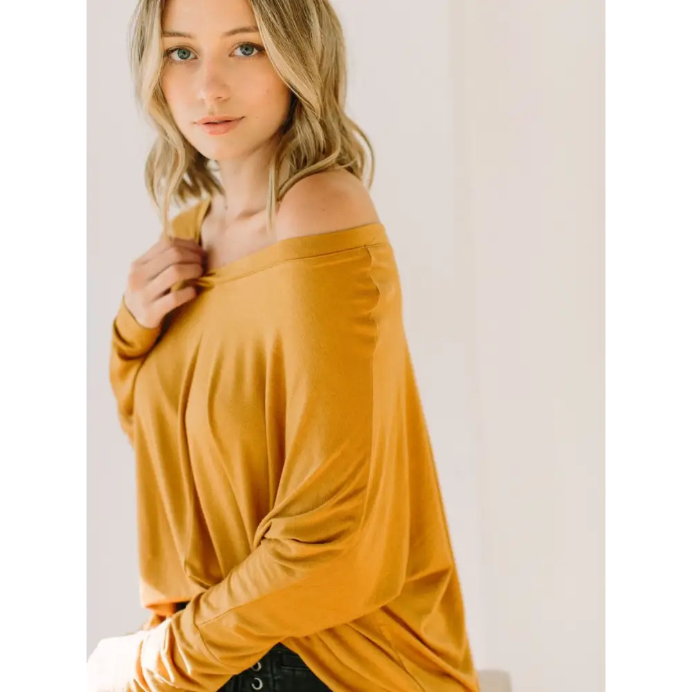 Mustard off-the-shoulder dolman sleeve oversized knit tunic blouse for a trendy look