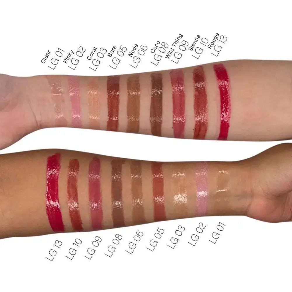 Lip gloss swatches on arms showcasing Mauve Rouge Liquid Lip Gloss in natural finish options