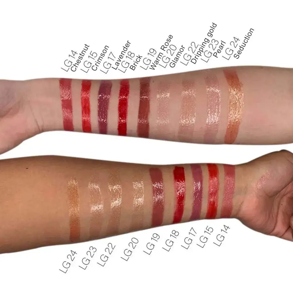 Mauve Rouge Liquid Lip Gloss swatches showcasing natural finish options on arms