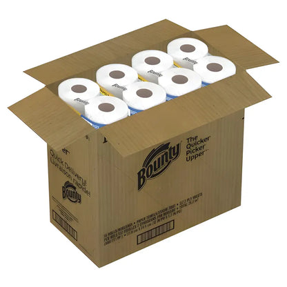 Cardboard box of Bounty Quick-Size Paper Towels for easy cleaning and spills