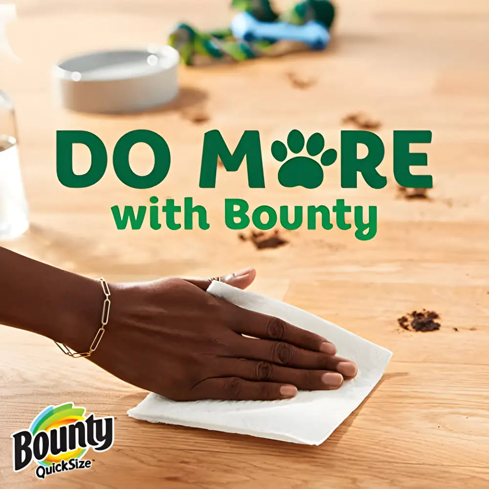 White Mega Bounty Quick-Size Paper Towels ready for tough messes and easy cleaning