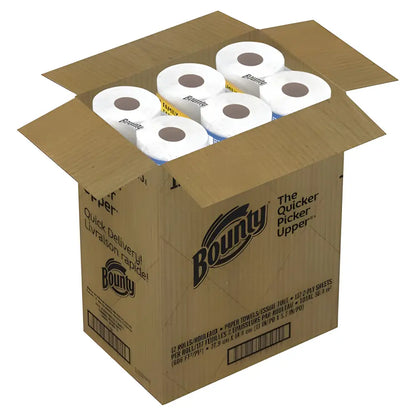 Cardboard box of Mega Bounty Quick-Size Paper Towels ideal for quick cleanups