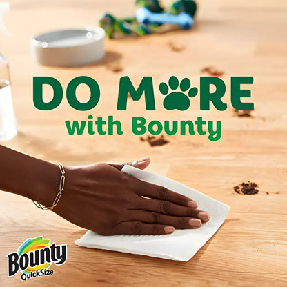 White Mega Bounty Quick-Size Paper Towels showing their absorbent and durable design