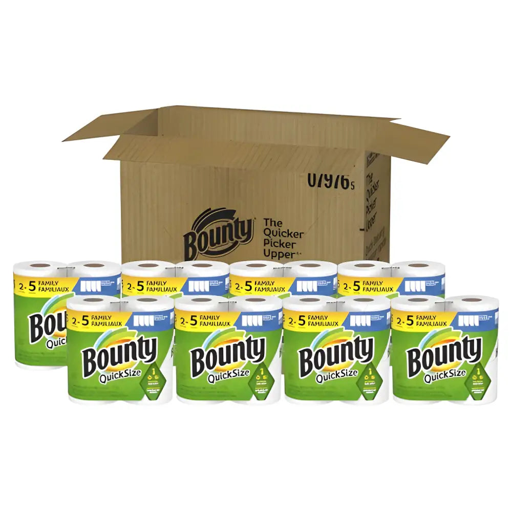 Bounty Quick-Size Paper Towels rolls in a box for tough messes and easy cleaning