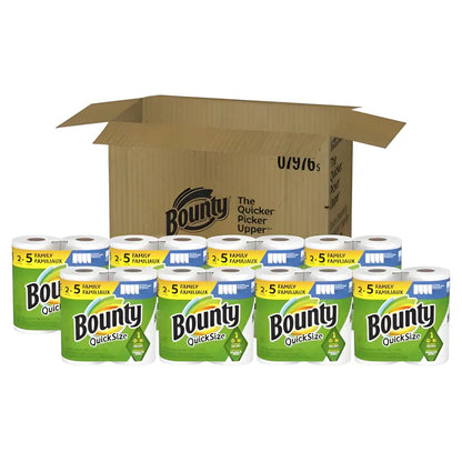 Bounty Quick-Size Paper Towels rolls in a box for tough messes and easy cleaning