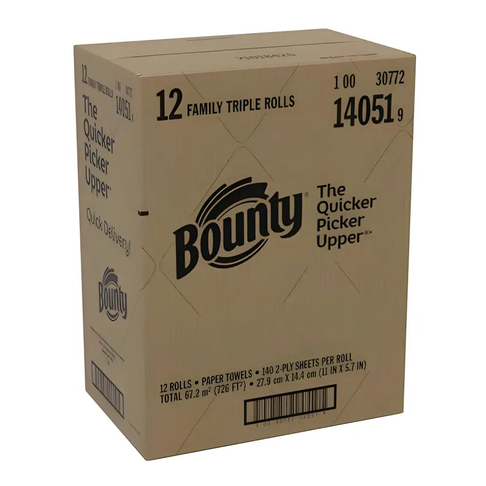 Box of Mega Bounty Quick-Size Paper Towels, ideal for all your cleaning needs