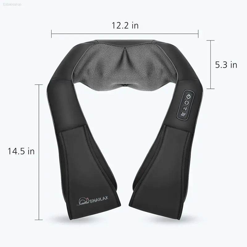 Black neck and shoulder massager with dimensions.